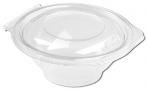 Ceci est un bol rond en APET transparent avec un couvercle à charnière, conçu pour offrir à la fois visibilité et fonctionnalité. Le bol présente une surface lisse et brillante qui met en valeur son design transparent, idéal pour exposer le contenu alimentaire. Les parois arrondies et larges s'inclinent doucement vers une base plate et encastrée, assurant stabilité. Le couvercle attaché est bombé, offrant un espace supplémentaire pour les contenus plus hauts, et inclut une zone circulaire encastrée sur le dessus pour l'empilage ou le marquage. Le couvercle est solidement relié par un mécanisme à charnière et dispose d'une fermeture à pression facile à utiliser pour un sceau étanche et fiable. L’ensemble du design est élégant et pratique, alliant esthétique moderne et polyvalence.